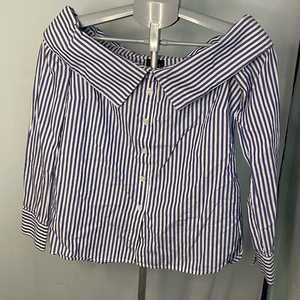 Bardot Off The Shoulder Striped Top Women XS Blue White Long Sleeve Button Front